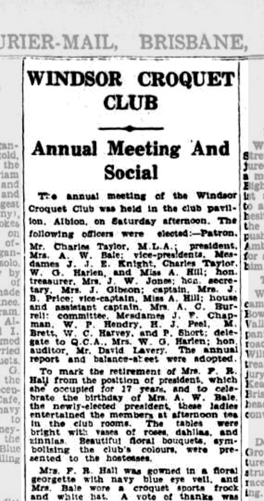 Courier-Mail, 12 March 1934. The first confirmed record of her, as honorary secretary of the Windsor Croquet Club.