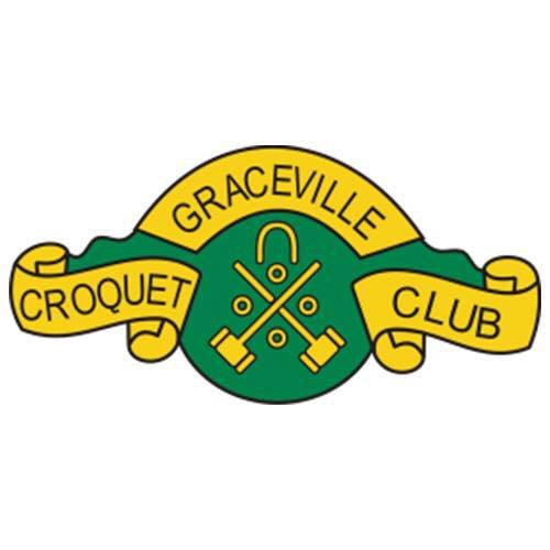 Graceville Croquet Club logo featuring crossed mallets and hoops on green and yellow design