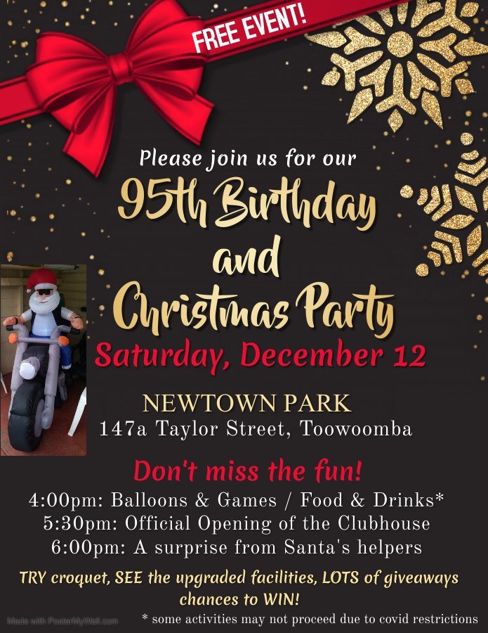 Promotional flyer for Newtown Park croquet club's 95th birthday and Christmas party event