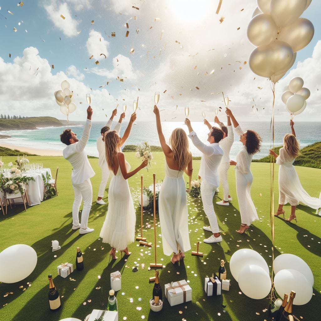 Group in white celebrating with champagne and confetti on coastal lawn overlooking beach
