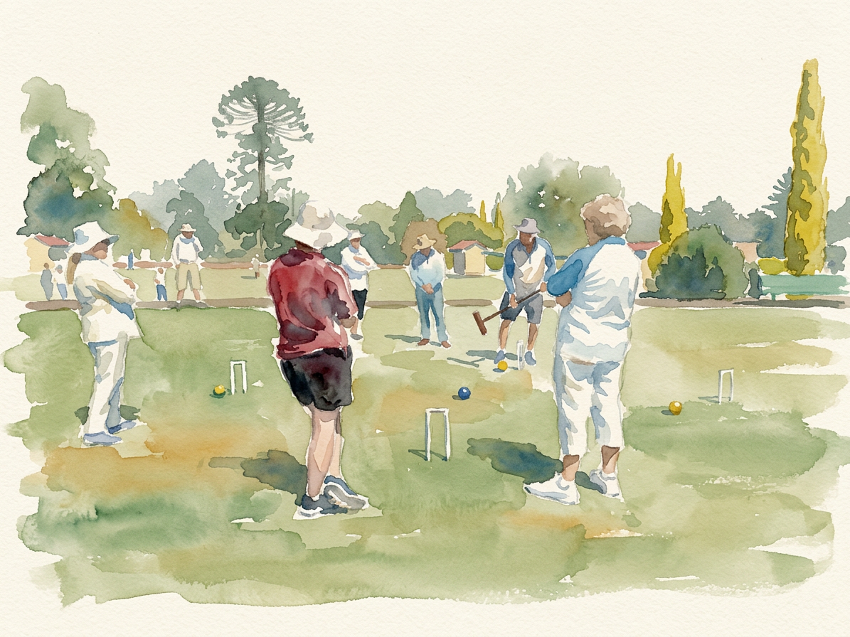Club members playing croquet together on the lawn