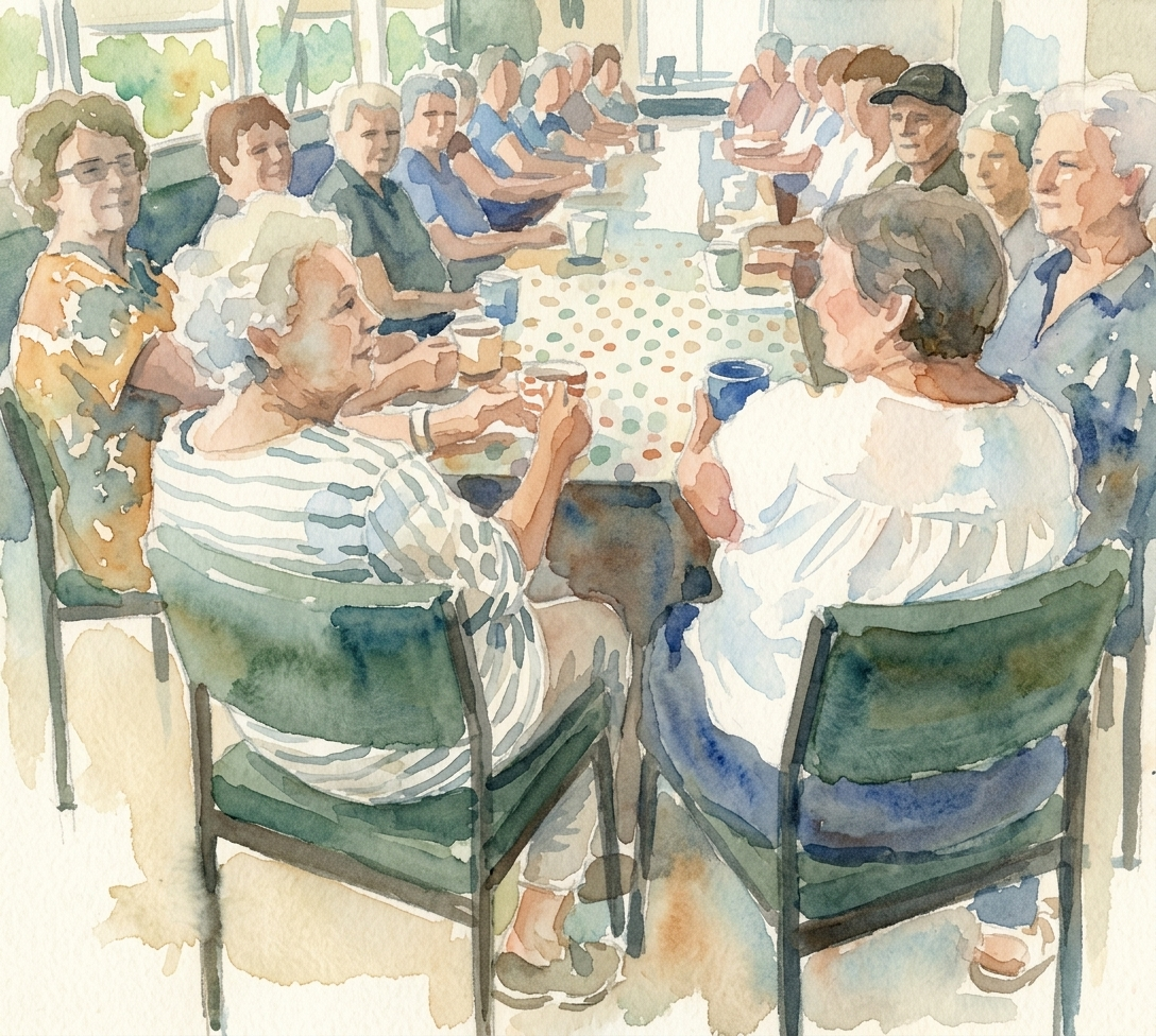 A long clubroom table after play, members talking together over a cup of tea.