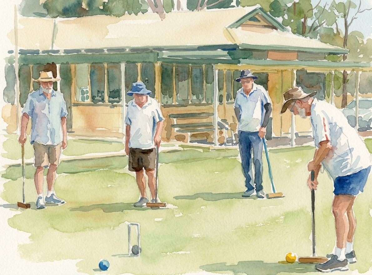 Four players mid-game on the lawn, one lining up a shot while the others watch.