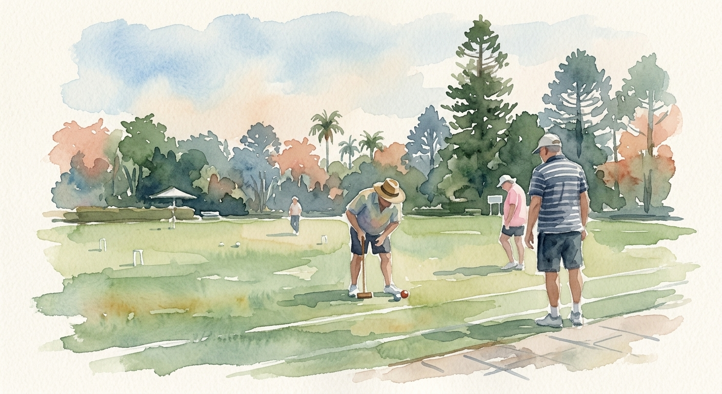 A croquet player lining up a shot on the club lawn