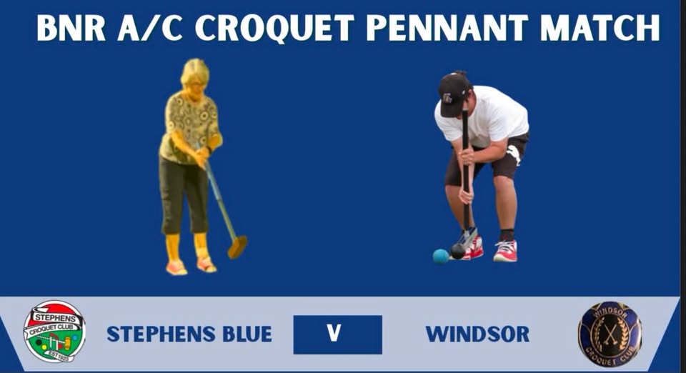 Two croquet players, a woman and a man, prepare to strike balls during a BNR A/C Croquet Pennant Match between Stephens Blue and Windsor