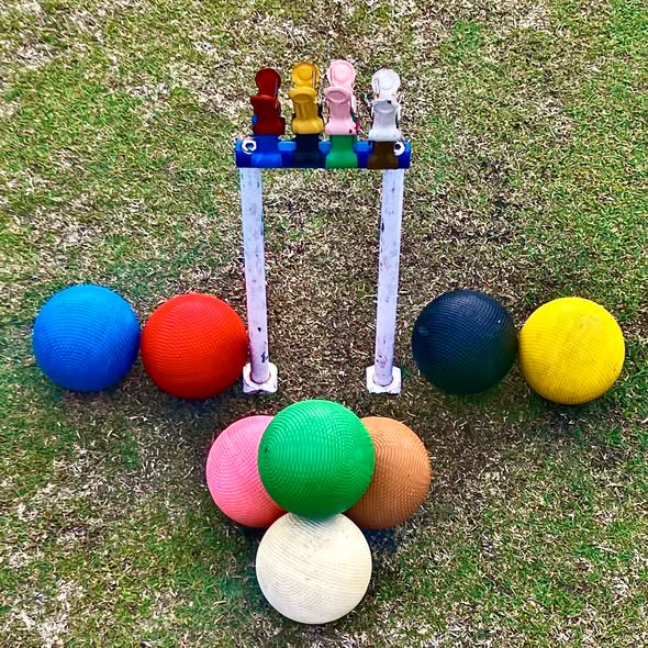 Colorful croquet balls arranged on grass around a wicket with pegs, ready for play