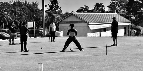 A busy croquet afternoon at Yeronga Park with players and newcomers enjoying the game.