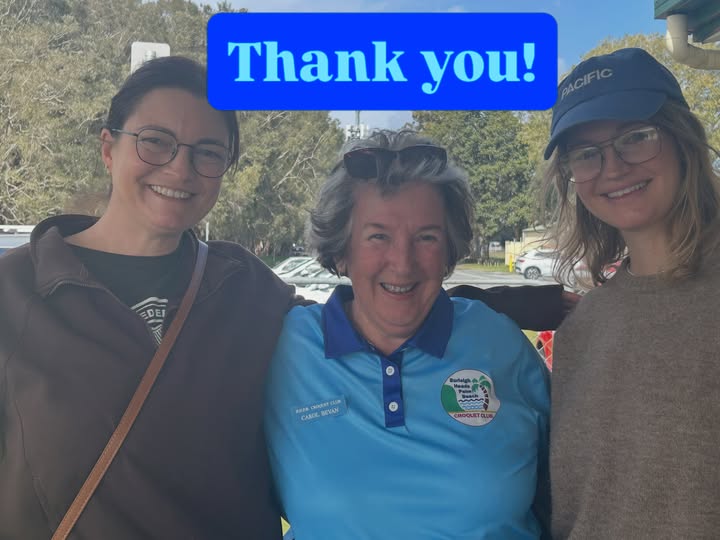 Three women smile at a croquet event; one wears a blue polo with a "Burlington Croquet Club" logo, and a "Thank you!" sign is overlaid