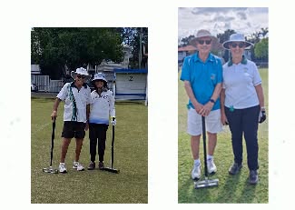 Two pairs of croquet players pose on a lawn with mallets and a wicket visible, showcasing a casual game setting