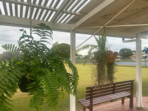 A covered pavilion with hanging ferns overlooks a croquet lawn with a wooden bench and a distant court under an overcast sky
