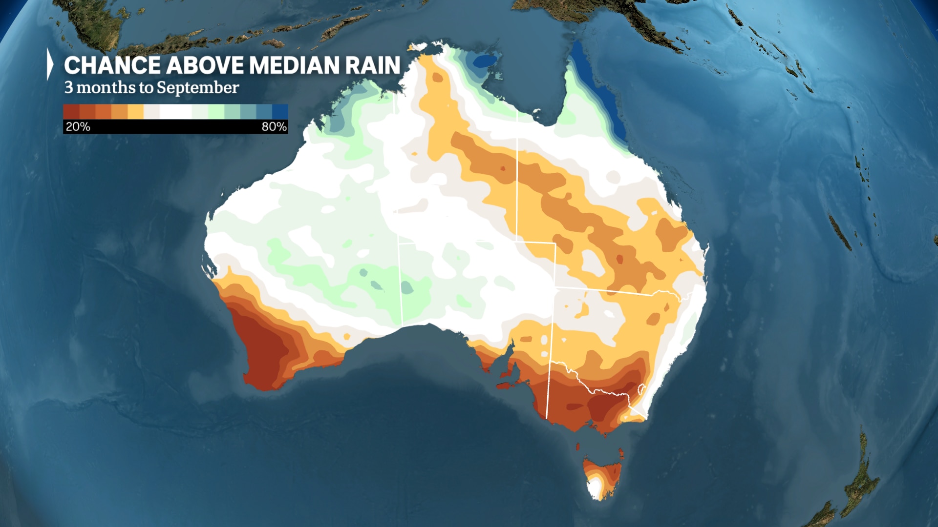 Bureau of Meteorology rainfall outlook map for July to September, with eastern Australia shaded to lean slightly drier than average.