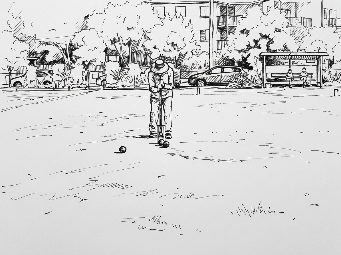 Player in hat holding mallet on croquet lawn with ball visible, clubhouse and gardens behind