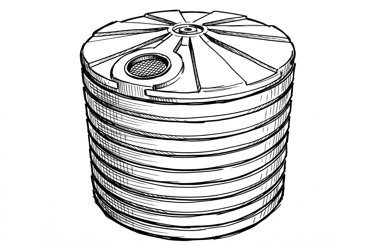 Large cylindrical water tank with ribbed sides and domed top vent