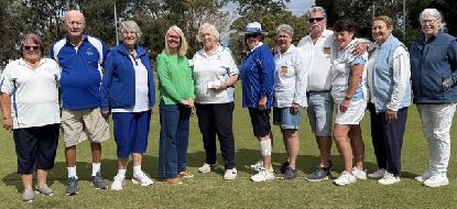 Ricochet Doubles - Tournament Referee Eileen McCann, First Place Bill Habner and Pat Habner (Nambour), Iona Nicol-Cronin, Manager from Tournament Spon