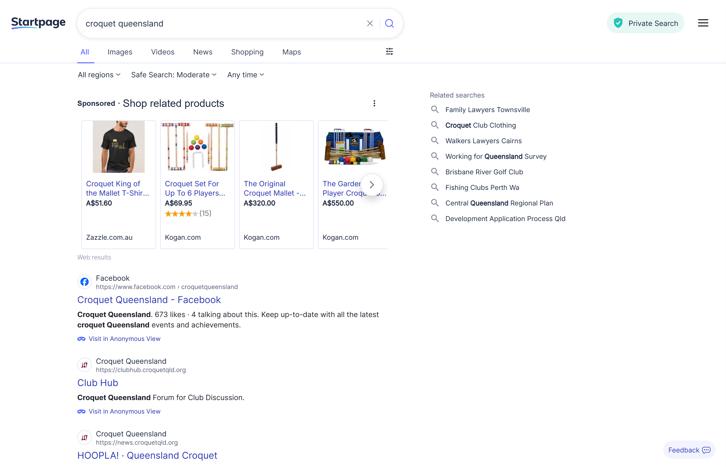 A search for "croquet queensland". The results that come back are Facebook, our Club Hub forum and our HOOPLA news site. The main croquetqld.org site isn't among them. (These are Google's results, captured through a privacy search tool, to get non-personalised data.)